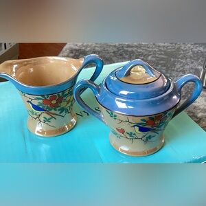 Vintage Japanese Lusterware Creamer & Sugar Bowl w/lid, Blue Yellow Birds